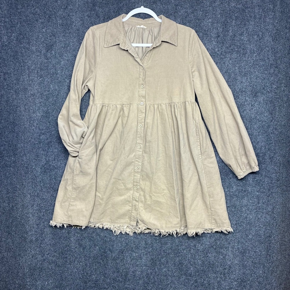 Corduroy Button Front Dress Small Tan Frayed Hem Long Sleeve Western Cowgirl